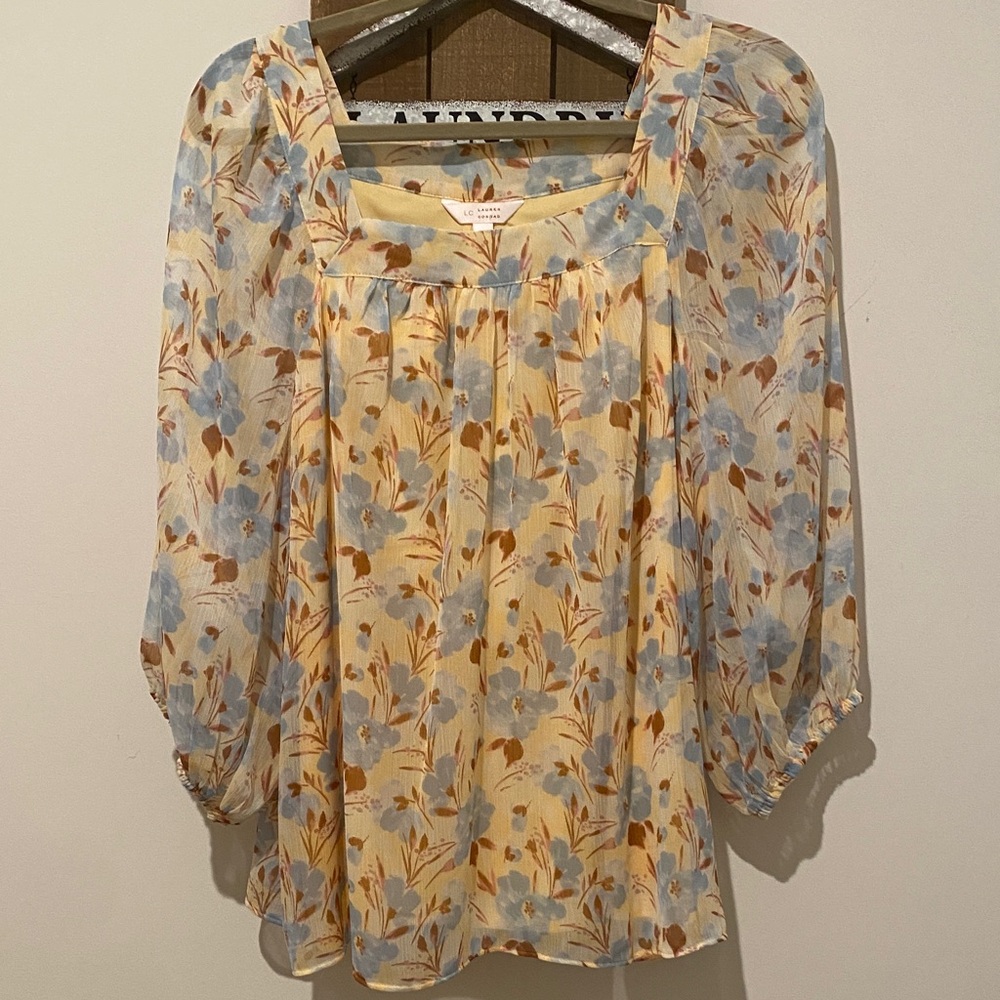 LC Lauren Conrad Blue and Brown Floral Blouse